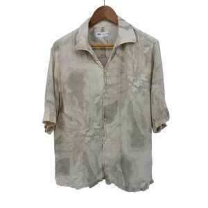 Zara Mens Large Abstract Floral Button Down Shirt Beige Short Sleeve 6529/400‎